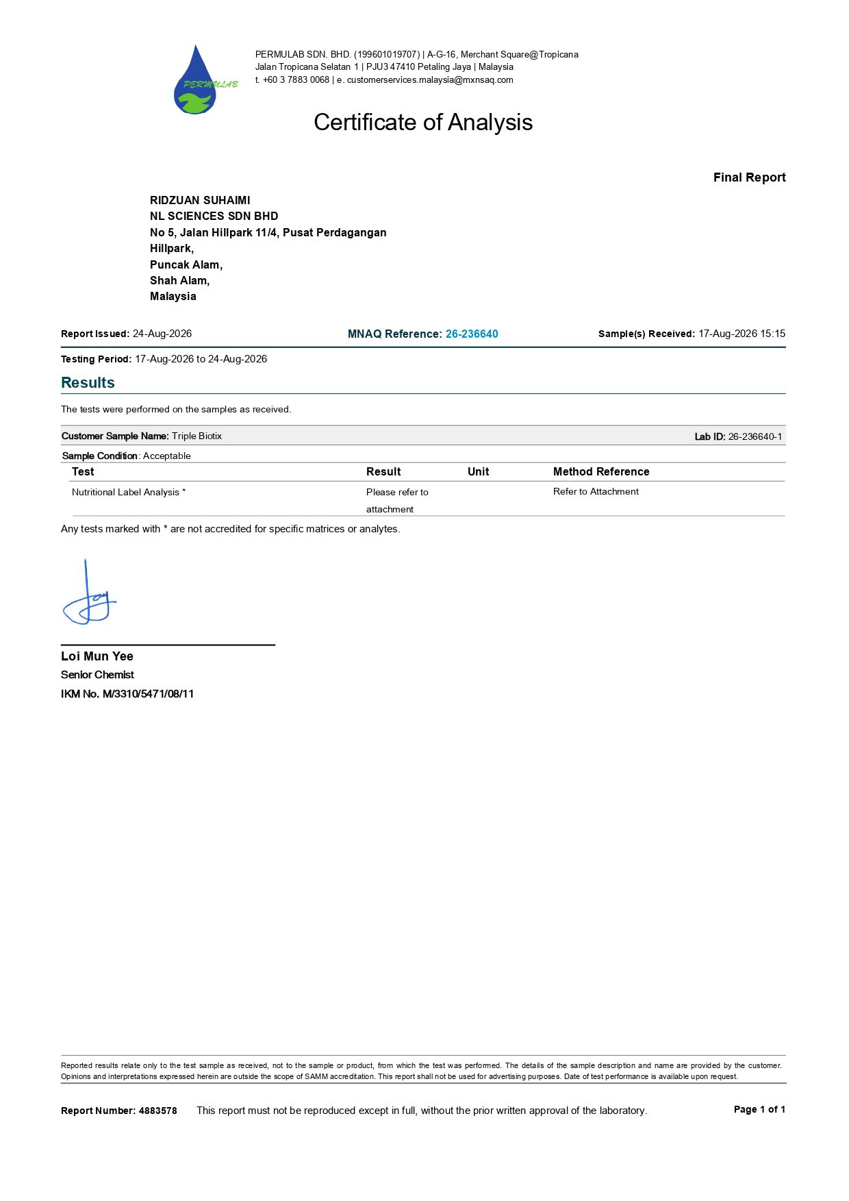 Sijil analisis (COA) Triple Biotix
