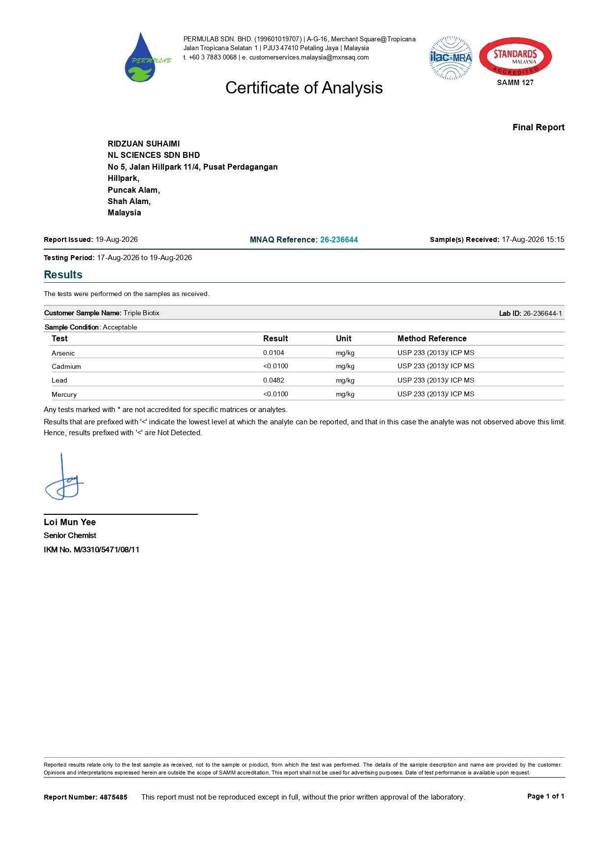 Sijil analisis (COA) Triple Biotix